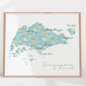 Kaart Singapore / gelabeld aquarel / digitale of gedrukte muurkunst / poster grote kaart / cadeau-idee / gicleeprint / woondecoratie