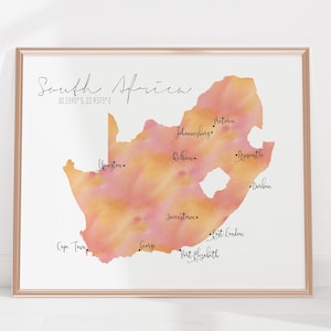 Mapa Południowej Afryki / Afryka oznaczona akwarelą / Cyfrowa lub drukowana sztuka ścienna / Duży plakat z mapą / Pomysł na prezent / Wydruk giclee / Wystrój domu