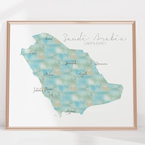 Kaart Saoedi-Arabië / aquarel gelabeld / digitale of gedrukte muurkunst / grote poster / cadeau-idee / gicleeprint / woondecoratie / Midden-Oosten