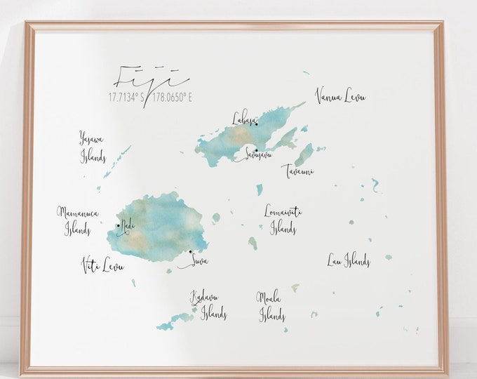 Fiji Labelled Watercolour Map, Honeymoon Gift, Gift for Her, Map of Fiji Islands, Anniversary Present, Large Map Poster, Travel Decor Art
