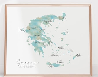 Greece Map  / Labelled Watercolour
