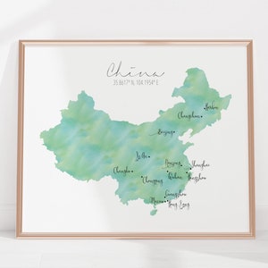 China Karte / Beschriftetes Aquarell / Digitale oder gedruckte Wandkunst / Große Karte Poster / Geschenkidee / Giclee Print / Haus Dekor