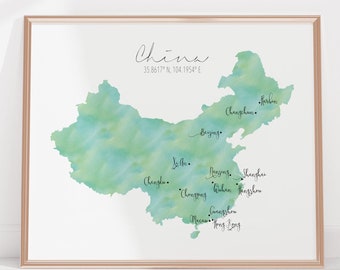 China Map / Labelled Watercolour / Digital or Printed Wall Art / Large Map Poster / Gift Idea / Giclee Print / Home Decor