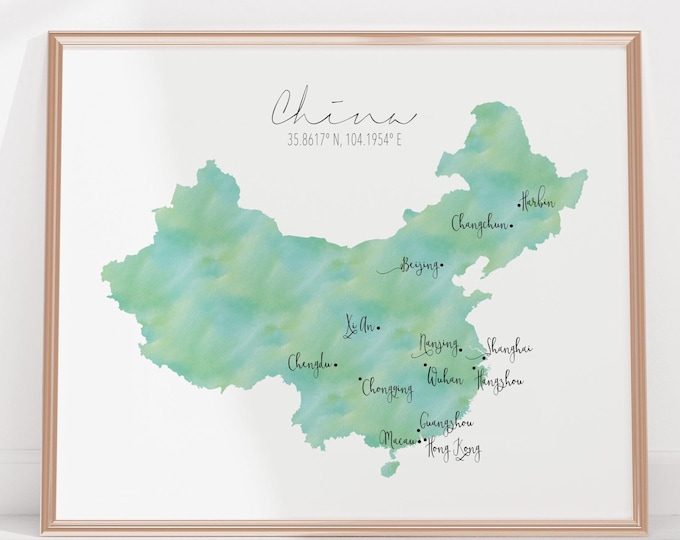 China Map / Labelled Watercolour / Digital or Printed Wall Art / Large Map Poster / Gift Idea / Giclee Print / Home Decor