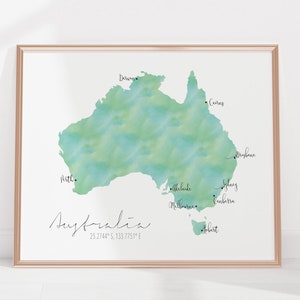 Mapa de Australia / Acuarela etiquetada / Arte de pared digital o impreso / Cartel de mapa grande / Idea de regalo / Impresión Giclee / Decoración del hogar