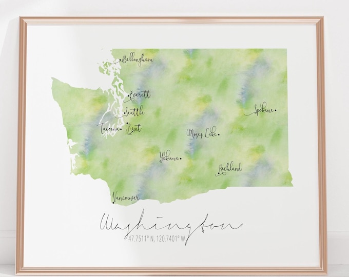 Washington State USA Labelled Watercolour Landscape Map