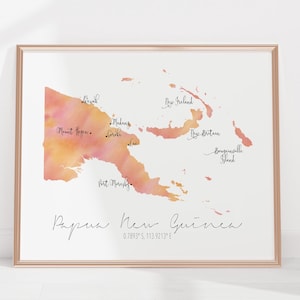 Mapa de Papúa Nueva Guinea / Acuarela con etiquetas / Arte mural digital o impreso / Póster de mapa grande / Idea de regalo / Impresión giclée / Decoración del hogar de Oceanía imagen 1