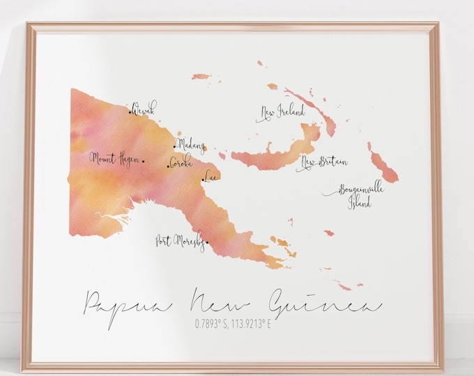 Papua New Guinea Labelled Watercolour Landscape Map