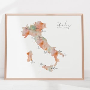 Carte de l'Italie / Aquarelle étiquetée / Art mural numérique ou imprimé / Grande affiche de carte / Idée cadeau / Impression jet d'encre / Décoration d'intérieur / Carte de l'Europe