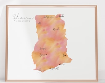 Ghana Map / Africa Labelled Watercolour