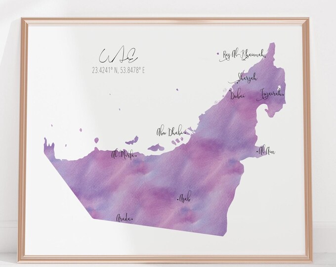UAE United Arab Emirates Map / Labelled Watercolour / Digital or Printed Wall Art / Large Map Poster / Gift Idea / Giclee Print / Home Decor