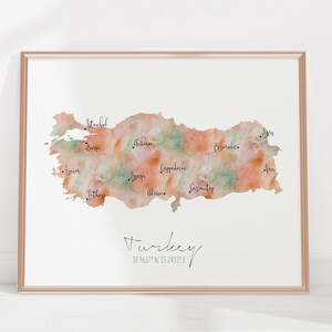 Kaart Turkije / Gelabelde aquarel / Digitale of gedrukte muurkunst / Grote kaartposter / Cadeau-idee / Gicleeprint / Home Decor Turkije / Europa