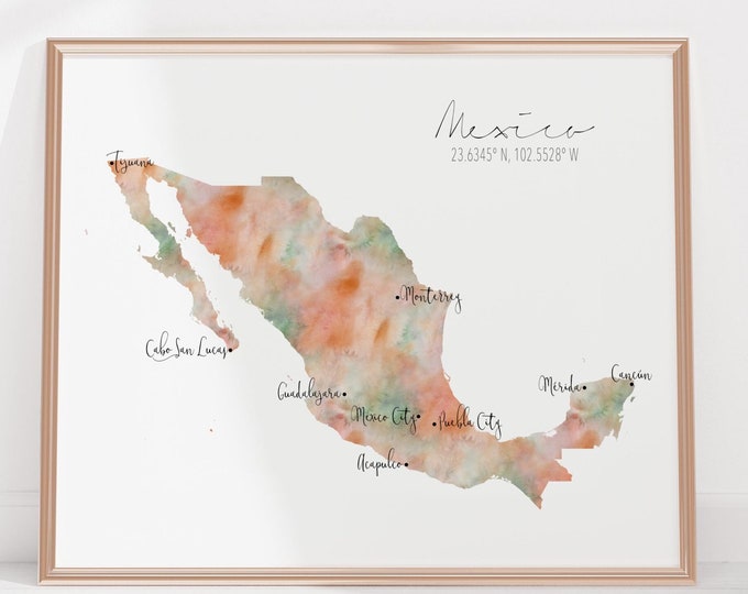Mexico Map Labelled Watercolour Landscape Map