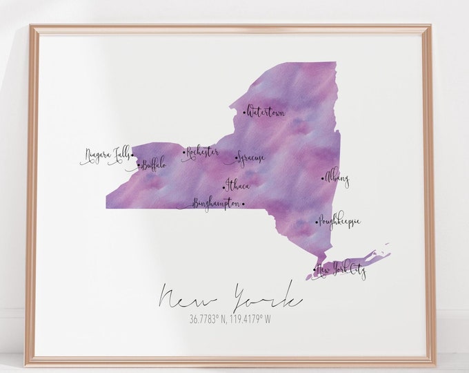 New York USA Labelled Watercolour Landscape Map