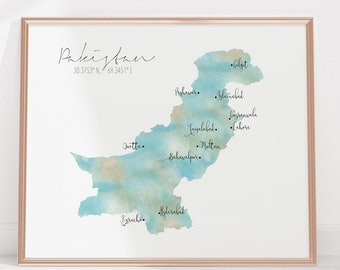 Pakistan Labelled Watercolour Landscape Map
