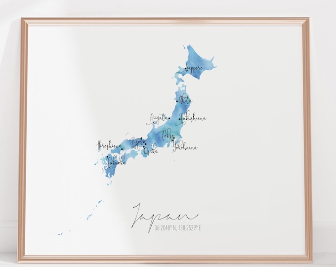 Japan Map Labelled Watercolour Landscape Map