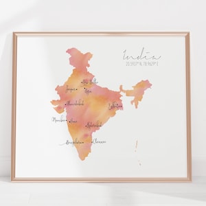 Carte de l'Inde / Aquarelle étiquetée / Art mural numérique ou imprimé / Grande affiche de carte / Idée cadeau / Impression jet d'encre / Décoration d'intérieur