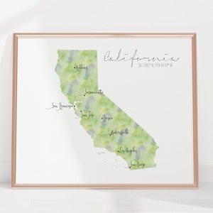 Kalifornien Karte / USA Karte / Beschriftetes Aquarell / Digitale oder gedruckte Wandkunst / Große Karte Poster / Geschenkidee / Giclée Druck / Wohndeko