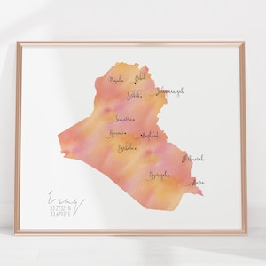 Kaart van Irak / aquarel gelabeld / digitale of gedrukte muurkunst / grote kaartposter / cadeau-idee / gicleeprint / woondecoratie / kaart van het Midden-Oosten