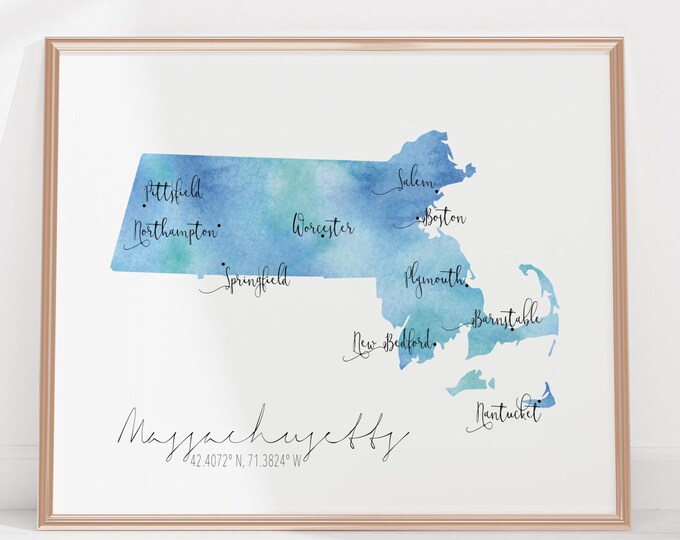 Massachusetts USA Labelled Watercolour Landscape Map