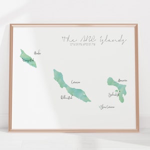 Die ABC Inseln Karte - Aruba Bonaire Curaçao / beschriftetes Aquarell / digitale oder gedruckte Wandkunst / große Karte Poster / Geschenkidee / Giclée Kunst