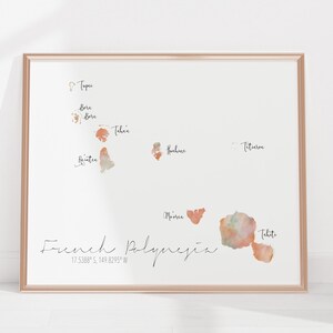 Kaart Frans-Polynesië / aquarel gelabeld / digitale of gedrukte muurkunst / grote kaartposter / cadeau-idee / gicleeprint / woondecoratie