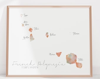 French Polynesia Labelled Watercolour Landscape Map