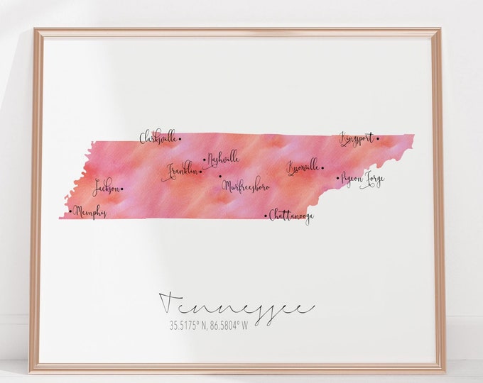 Tennessee USA Labelled Watercolour Landscape Map