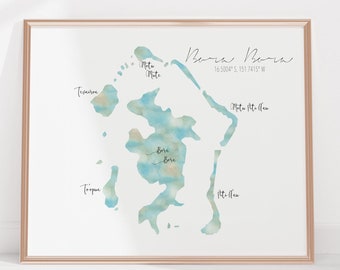 Bora Bora French Polynesia Labelled Watercolour Landscape Map