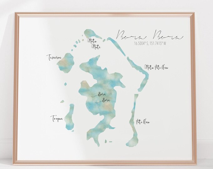 Bora Bora French Polynesia Labelled Watercolour Landscape Map