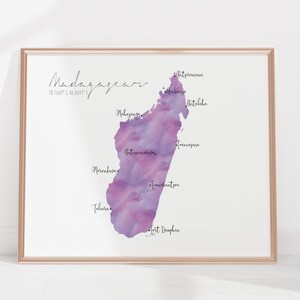 Mapa de Madagascar / Acuarela etiquetada / Arte mural impreso o digital / Póster de mapa grande / Idea de regalo / Impresión giclée / Decoración del hogar de África