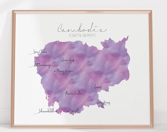 Cambodia Map Labelled Watercolour Landscape Map