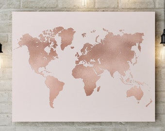 Rose Gold World Map Quote Print - Digital or Giclee Print - Map of the World - Gift for her - Dorm Room Map - Nursery Map - Map Quote Art