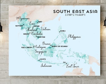 Digital South East Asia Labelled Watercolour Map Print