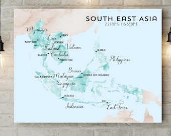 Digital South East Asia Labelled Watercolour Map Print