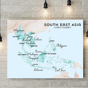 Impresión digital de mapas de acuarela etiquetados del sudeste asiático