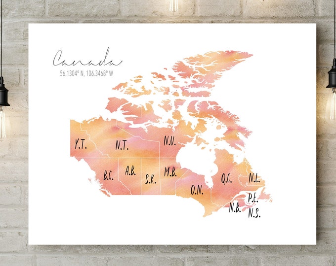 Digital Canada Provinces Watercolour Map Print