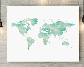 Digital Green Watercolour World Map Print (WCG7)