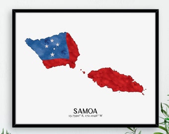 Samoa Flag Map / Watercolour Flag Map / Digital or Printed Wall Art / Large Map Poster / Gift Idea / Giclee / Home Decor / Samoan Decor