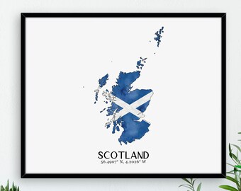 Scotland Flag Map / Watercolour Flag Map / Digital or Printed Wall Art / Large Map Poster / Gift Idea / Giclee / Home Decor / Scottish Decor
