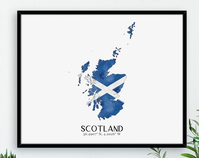 Scotland Flag Map / Watercolour Flag Map / Digital or Printed Wall Art / Large Map Poster / Gift Idea / Giclee / Home Decor / Scottish Decor