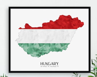 Hungary Flag Map / Watercolour Flag Map / Digital or Printed Wall Art / Large Map Poster / Gift Idea / Giclee / Home Decor / Samoan Decor
