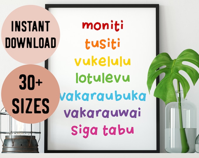 Fiji Days of the Week Digital Print // Fijian Language - Fiji Learning Poster - Fiji Islands - Fijian Gift - Colour Poster - Fijian Art