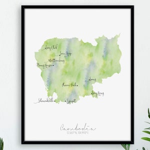 Cambodia Map Portrait / Labelled Watercolour / Digital or Printed Wall Art / Large Map Poster / Gift Idea / Giclee Print / Home Decor