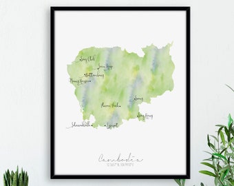 Cambodia Map Portrait / Labelled Watercolour / Digital or Printed Wall Art / Large Map Poster / Gift Idea / Giclee Print / Home Decor