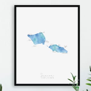 Portret van de kaart van Samoa / aquarel gelabeld / digitale of gedrukte muurkunst / grote kaartposter / cadeau-idee / gicleeprint / woondecoratie