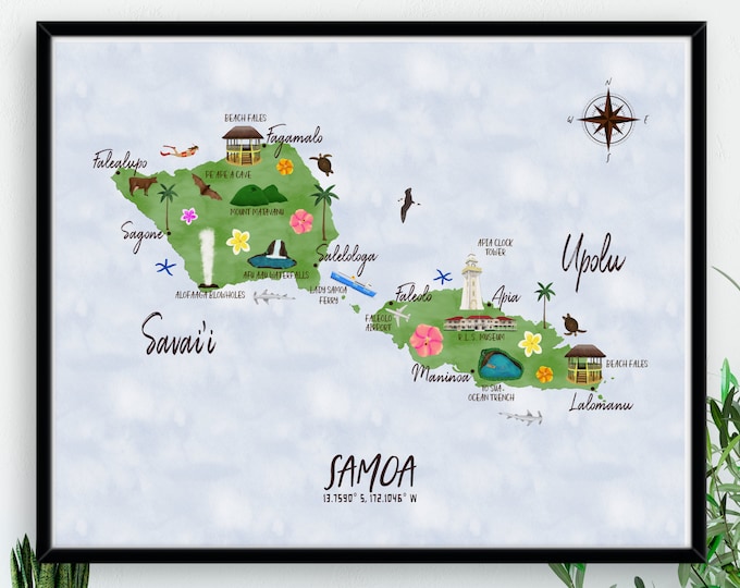 Samoa Illustrated Map / Illustrated Watercolour Map / Digital or Printed Wall Art / Large Map Poster / Gift Idea / Giclee Print / Home Decor