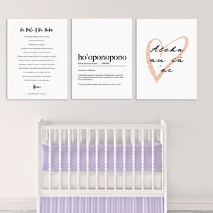 May include: Three framed prints with white backgrounds and black text. The left print features the text "Ka Pule o ka Haku" and a Hawaiian prayer. The middle print features the text "ho'oponopono" and a definition of the Hawaiian word. The right print features a pink heart with the text "Aloha au ia oe" inside.