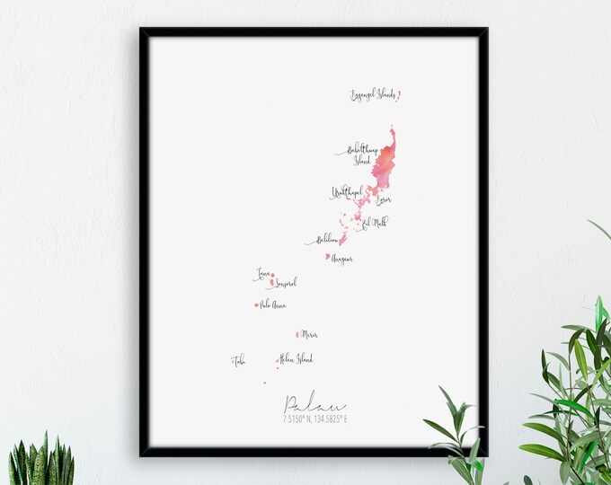 Palau Labelled Watercolour Portrait Map