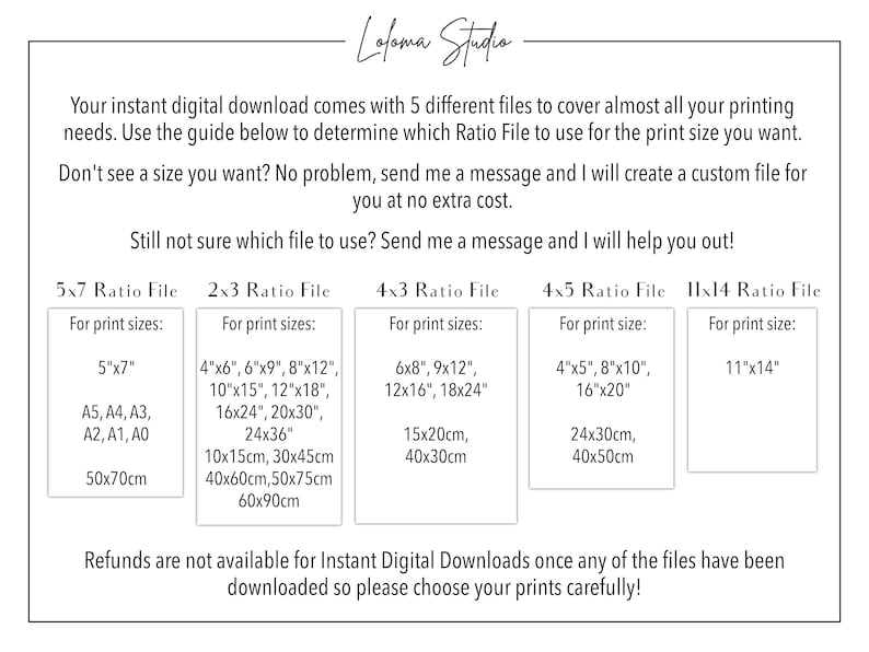 May include: A chart with a white background and black text explaining different file sizes for digital downloads. The chart is divided into five sections, each labeled with a different ratio: 5x7, 2x3, 4x3, 4x5, and 11x14. Each section lists the corresponding print sizes in inches and centimeters. The text at the top of the chart reads "Your instant digital download comes with 5 different files to cover almost all your printing needs. Use the guide below to determine which Ratio File to use for the print size you want."